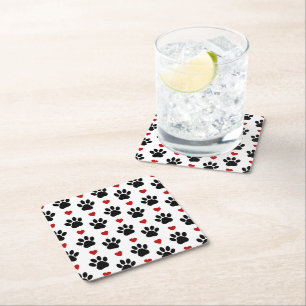 Pattern Of Paws, Dog Paws, Black Paws, Red Hearts Square Paper Coaster