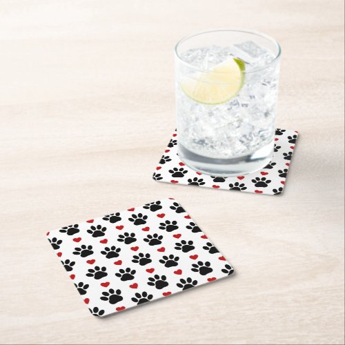 Pattern Of Paws Dog Paws Black Paws Red Hearts Square Paper Coaster