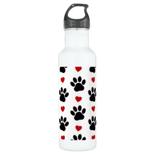 Pattern Of Paws, Dog Paws, Black Paws, Red Hearts Stainless Steel Water Bottle