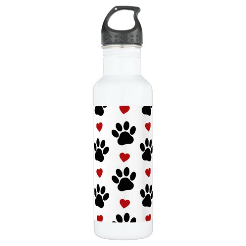 Pattern Of Paws Dog Paws Black Paws Red Hearts Stainless Steel Water Bottle