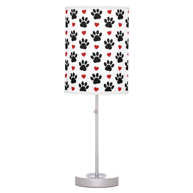 Pattern Of Paws, Dog Paws, Black Paws, Red Hearts Table Lamp (Front)