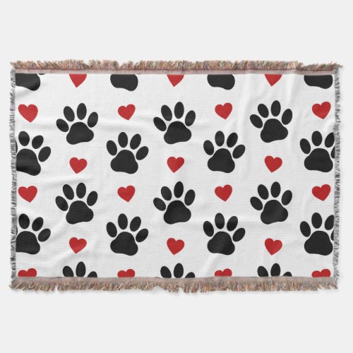 Pattern Of Paws Dog Paws Black Paws Red Hearts Throw Blanket