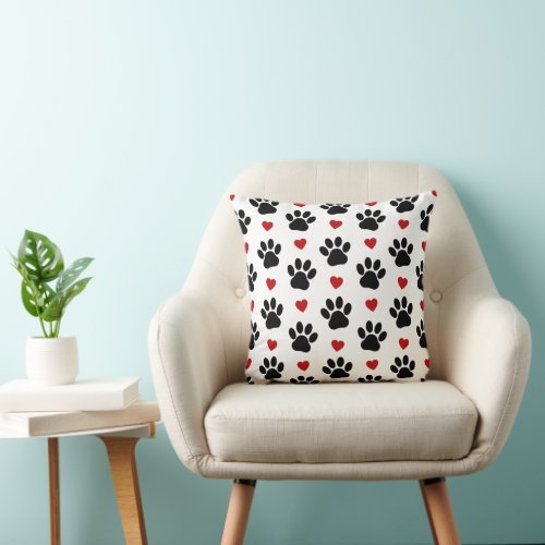 Pattern Of Paws Dog Paws Black Paws Red Hearts Throw Pillow