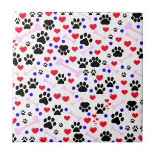 Pattern Of Paws, Dog Paws, Black Paws, Red Hearts Tile