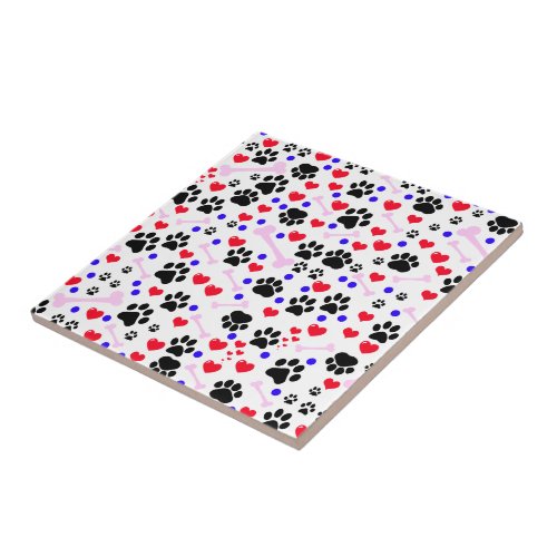 Pattern Of Paws Dog Paws Black Paws Red Hearts Tile