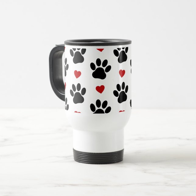 Pattern Of Paws, Dog Paws, Black Paws, Red Hearts Travel Mug (Front Left)