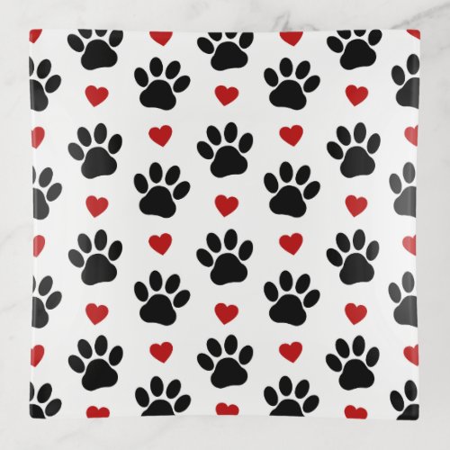 Pattern Of Paws Dog Paws Black Paws Red Hearts Trinket Tray