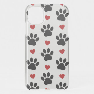 Pattern Of Paws, Dog Paws, Black Paws, Red Hearts iPhone 11 Case