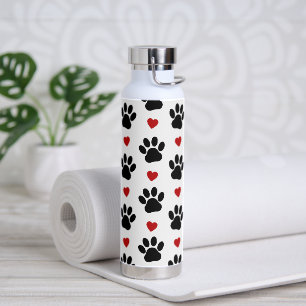 Pattern Of Paws, Dog Paws, Black Paws, Red Hearts Water Bottle