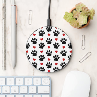 Pattern Of Paws, Dog Paws, Black Paws, Red Hearts Wireless Charger