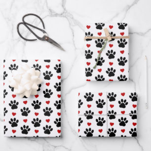 Pattern Of Paws, Dog Paws, Black Paws, Red Hearts Wrapping Paper Sheets