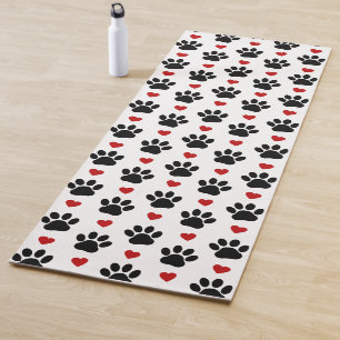 Pattern Of Paws, Dog Paws, Black Paws, Red Hearts Yoga Mat