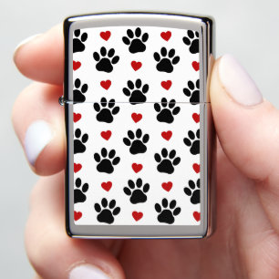 Pattern Of Paws, Dog Paws, Black Paws, Red Hearts Zippo Lighter