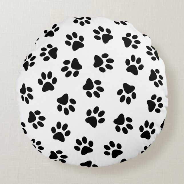 Pattern Of Paws, Dog Paws, Black Paws Round Pillow (Front)