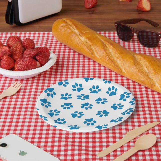 Pattern Of Paws, Dog Paws, Blue Paws Paper Plates (Picnic)