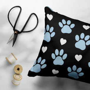 Pattern Of Paws, Dog Paws, Blue Paws, White Hearts Accent Pillow