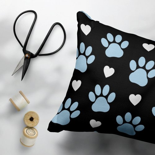 Pattern Of Paws Dog Paws Blue Paws White Hearts Accent Pillow