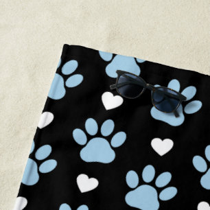 Pattern Of Paws, Dog Paws, Blue Paws, White Hearts Beach Towel