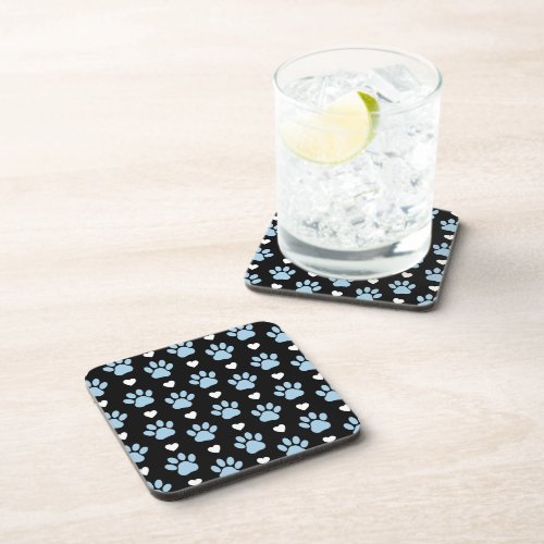Pattern Of Paws Dog Paws Blue Paws White Hearts Beverage Coaster