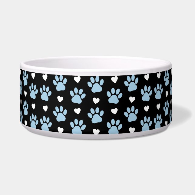Pattern Of Paws, Dog Paws, Blue Paws, White Hearts Bowl (Front)