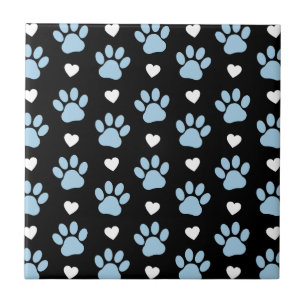 Pattern Of Paws, Dog Paws, Blue Paws, White Hearts Ceramic Tile