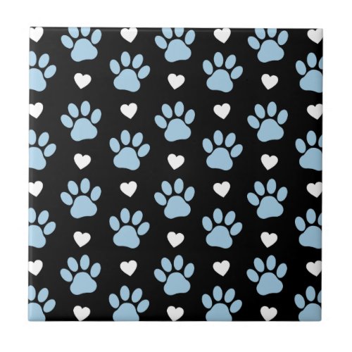 Pattern Of Paws Dog Paws Blue Paws White Hearts Ceramic Tile