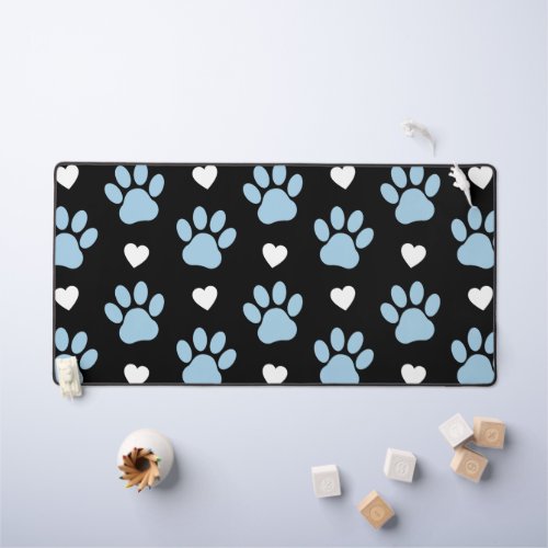 Pattern Of Paws Dog Paws Blue Paws White Hearts Desk Mat