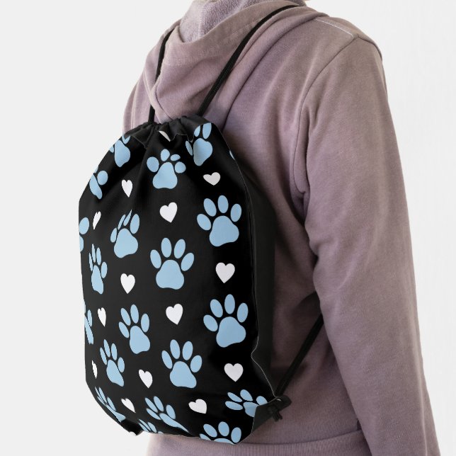 Pattern Of Paws, Dog Paws, Blue Paws, White Hearts Drawstring Bag (Insitu)