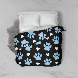 Pattern Of Paws, Dog Paws, Blue Paws, White Hearts Duvet Cover