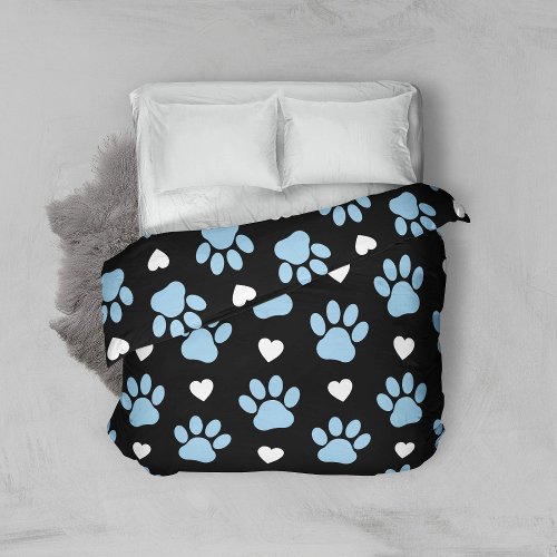 Pattern Of Paws Dog Paws Blue Paws White Hearts Duvet Cover