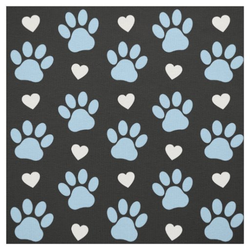 Pattern Of Paws, Dog Paws, Blue Paws, White Hearts Fabric
