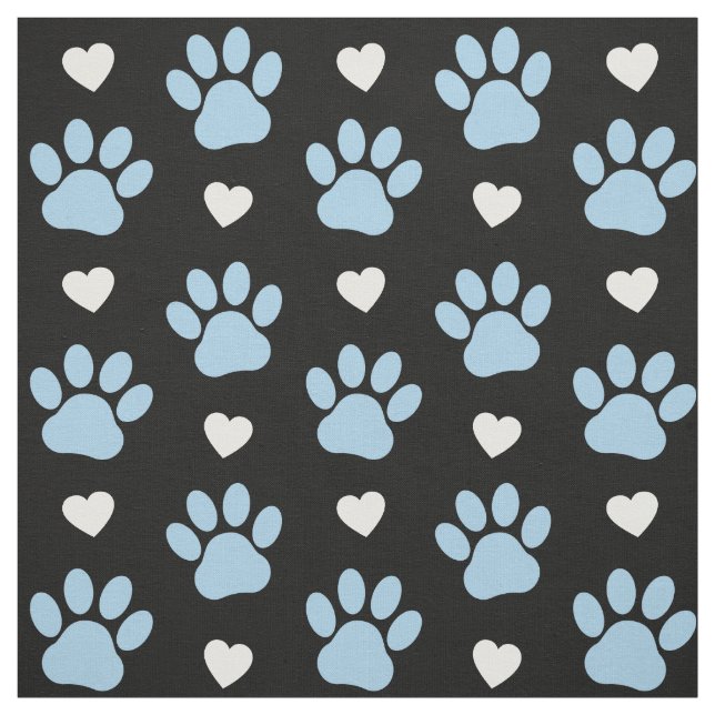 Pattern Of Paws, Dog Paws, Blue Paws, White Hearts Fabric (Swatch)