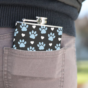 Pattern Of Paws, Dog Paws, Blue Paws, White Hearts Flask