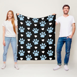 Pattern Of Paws, Dog Paws, Blue Paws, White Hearts Fleece Blanket