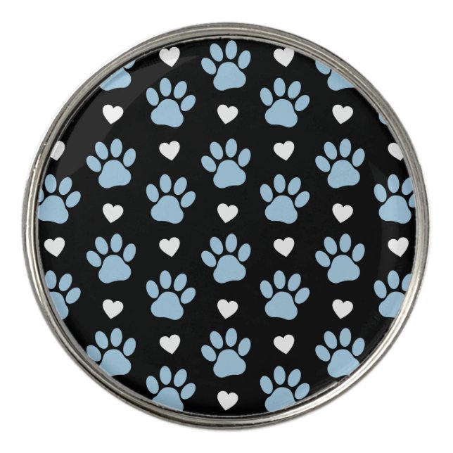 Pattern Of Paws, Dog Paws, Blue Paws, White Hearts Golf Ball Marker (Front)