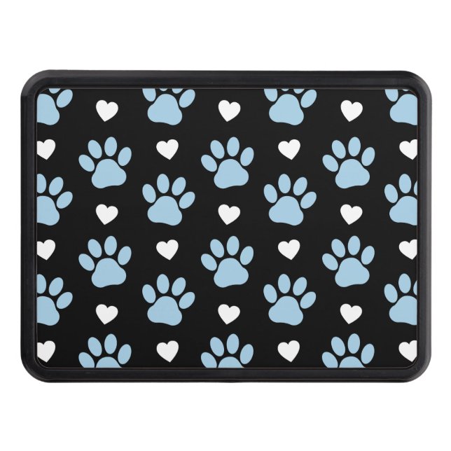Pattern Of Paws, Dog Paws, Blue Paws, White Hearts Hitch Cover (Front)