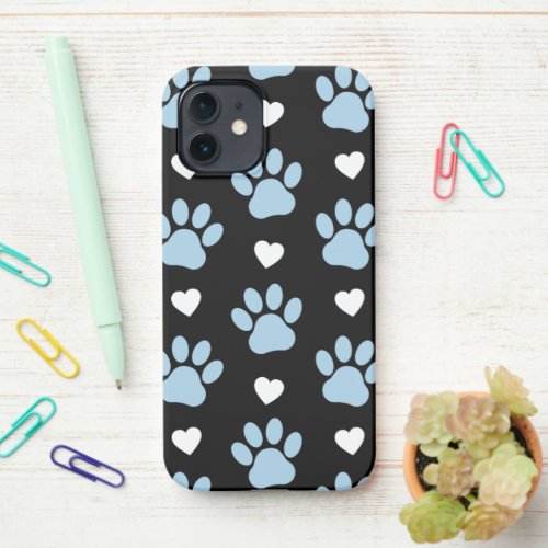 Pattern Of Paws Dog Paws Blue Paws White Hearts iPhone 12 Case
