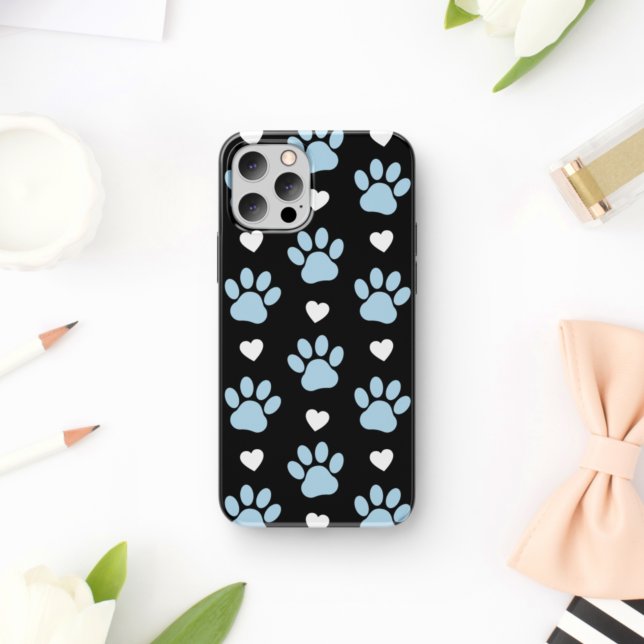 Pattern Of Paws, Dog Paws, Blue Paws, White Hearts iPhone Case (Creator Uploaded)