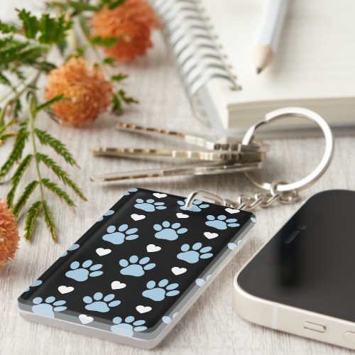 Pattern Of Paws Dog Paws Blue Paws White Hearts Keychain