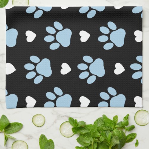 Pattern Of Paws Dog Paws Blue Paws White Hearts Kitchen Towel