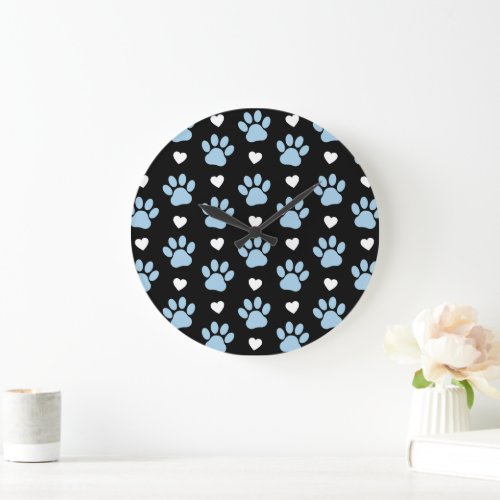 Pattern Of Paws Dog Paws Blue Paws White Hearts Large Clock