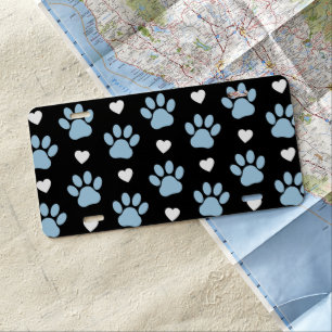 Pattern Of Paws, Dog Paws, Blue Paws, White Hearts License Plate