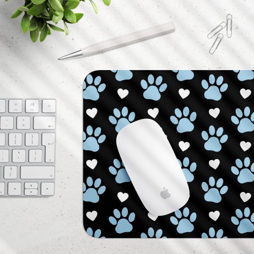 Pattern Of Paws Dog Paws Blue Paws White Hearts Mouse Pad