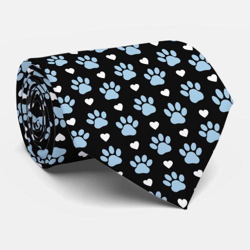 Pattern Of Paws Dog Paws Blue Paws White Hearts Neck Tie