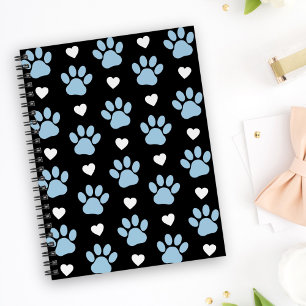 Pattern Of Paws, Dog Paws, Blue Paws, White Hearts Notebook