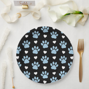 Pattern Of Paws, Dog Paws, Blue Paws, White Hearts Paper Plates