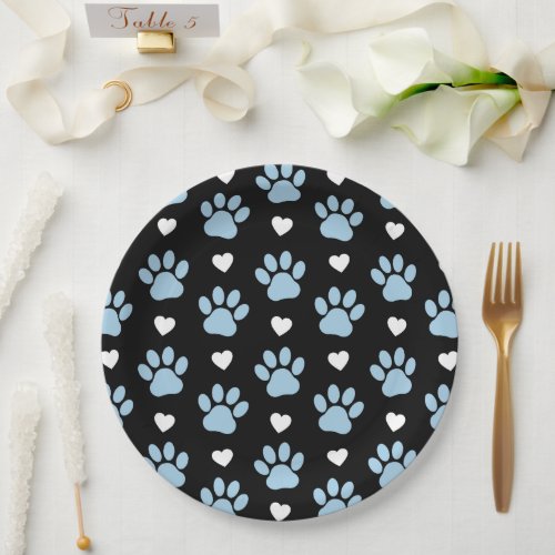 Pattern Of Paws Dog Paws Blue Paws White Hearts Paper Plates