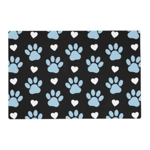 Pattern Of Paws, Dog Paws, Blue Paws, White Hearts Placemat