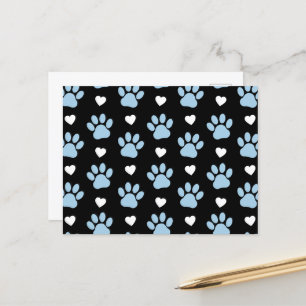 Pattern Of Paws, Dog Paws, Blue Paws, White Hearts Postcard