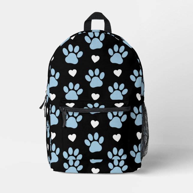 Pattern Of Paws, Dog Paws, Blue Paws, White Hearts Printed Backpack (Front)